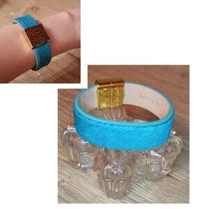 Rustic Cuff Leather Calf Hair Blue Magnet Bracelet Trendy Statement Pop of Color
